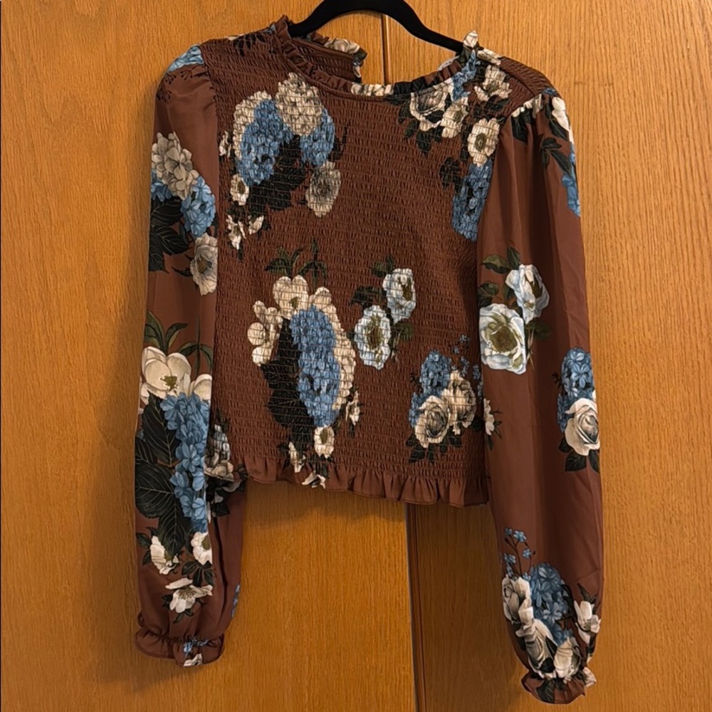 Long sleeve brown floral blouse